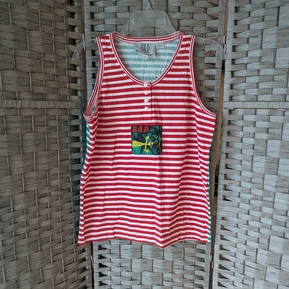 Vtg 90s Tank Top Red Green Striped Henley Graphic Patch Sz M